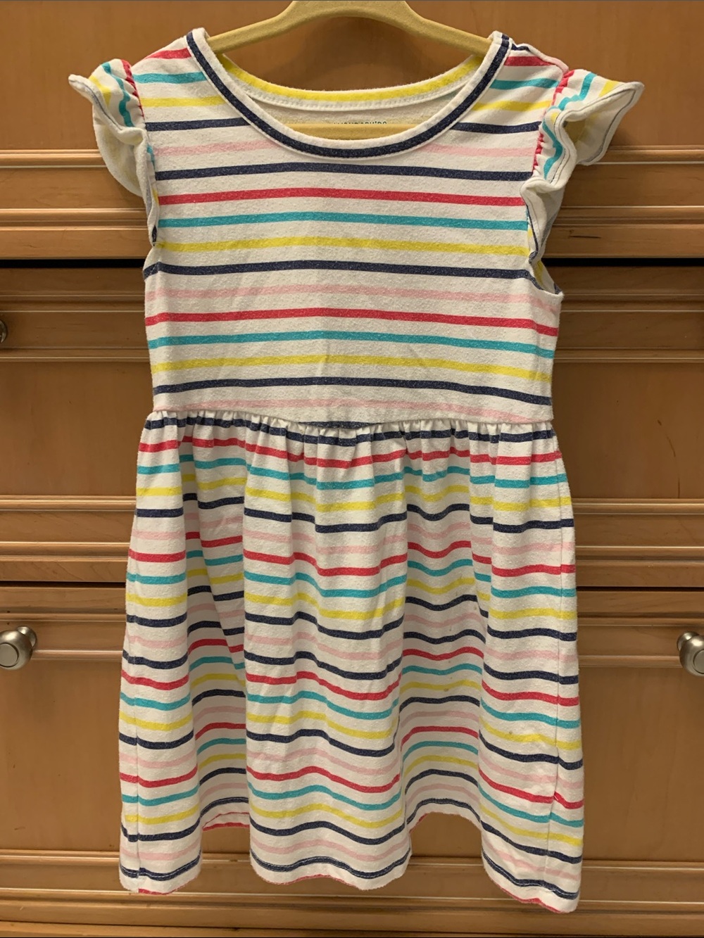 Wonderkids White Dress with Navy, Pink, Yellow, Teal and Coral Stripes